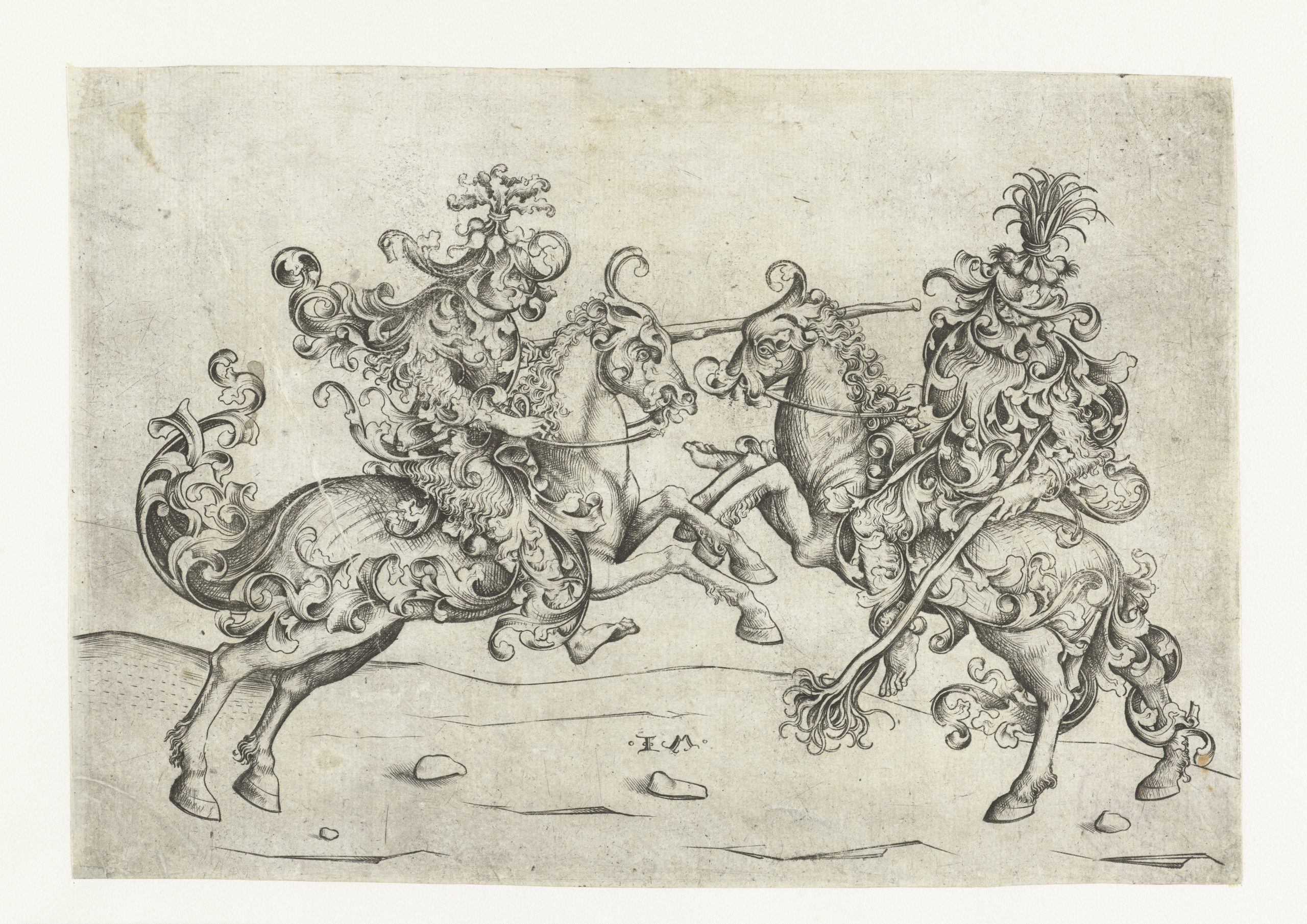 Fight between two wild men on horseback, 1455 - 1503, Israhel van Meckenem, after Meester of the Amsterdam Cabinet, Bocholt, Germany