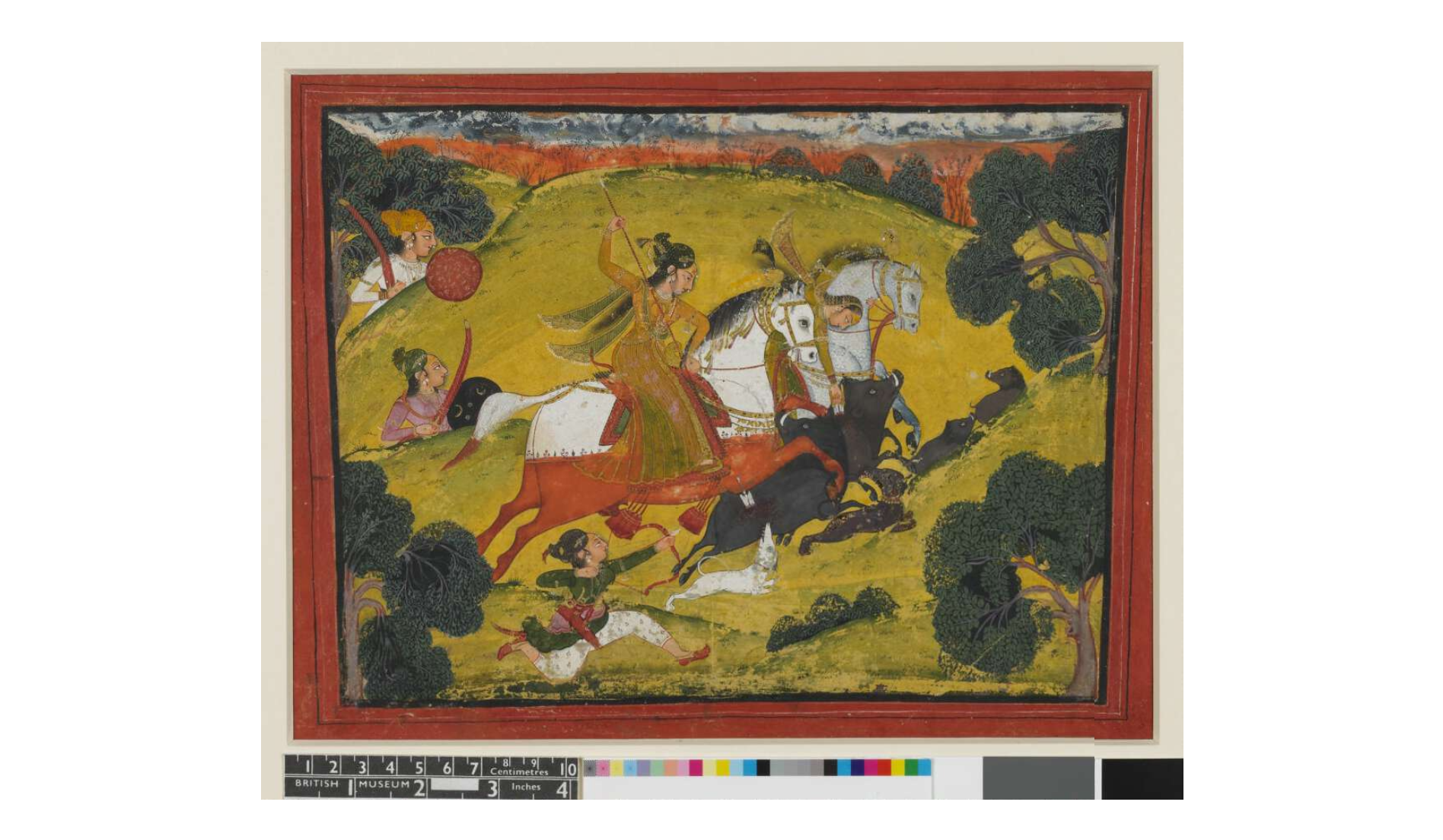 Two ladies on horseback hunting wild boar, cr. 1760, Rajasthan, India