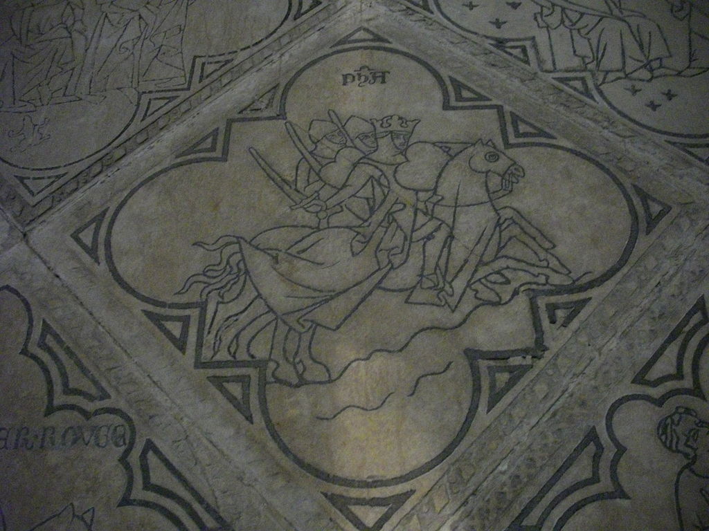 Inlaid (limestone incrusted with lead) tile showing three knights (a scene from the Old Testament), 13th century, Saint Eligius chapel, in the former Saint Nicasius church of Reims, Marne, France