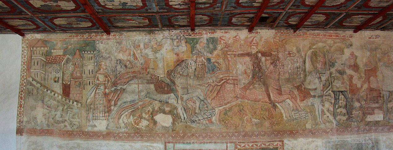 Ladislaus I of Hungary legend, fresco, end of the 13th century, church in Rimavská Baňa, Slovakia