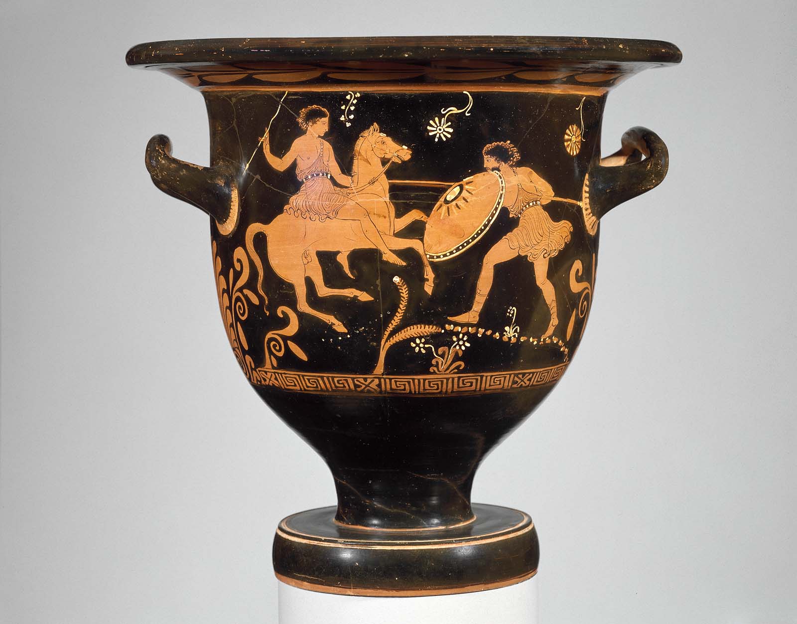 Bell-krater showing a battle of Troilus and Achilles, cr. 380–370 BC, the Hoppin Painter, Apulia
