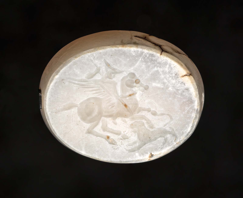 Scaraboid with Bellerophon riding Pegasus and attacking the Chimaera, 400–375 BC, Greek