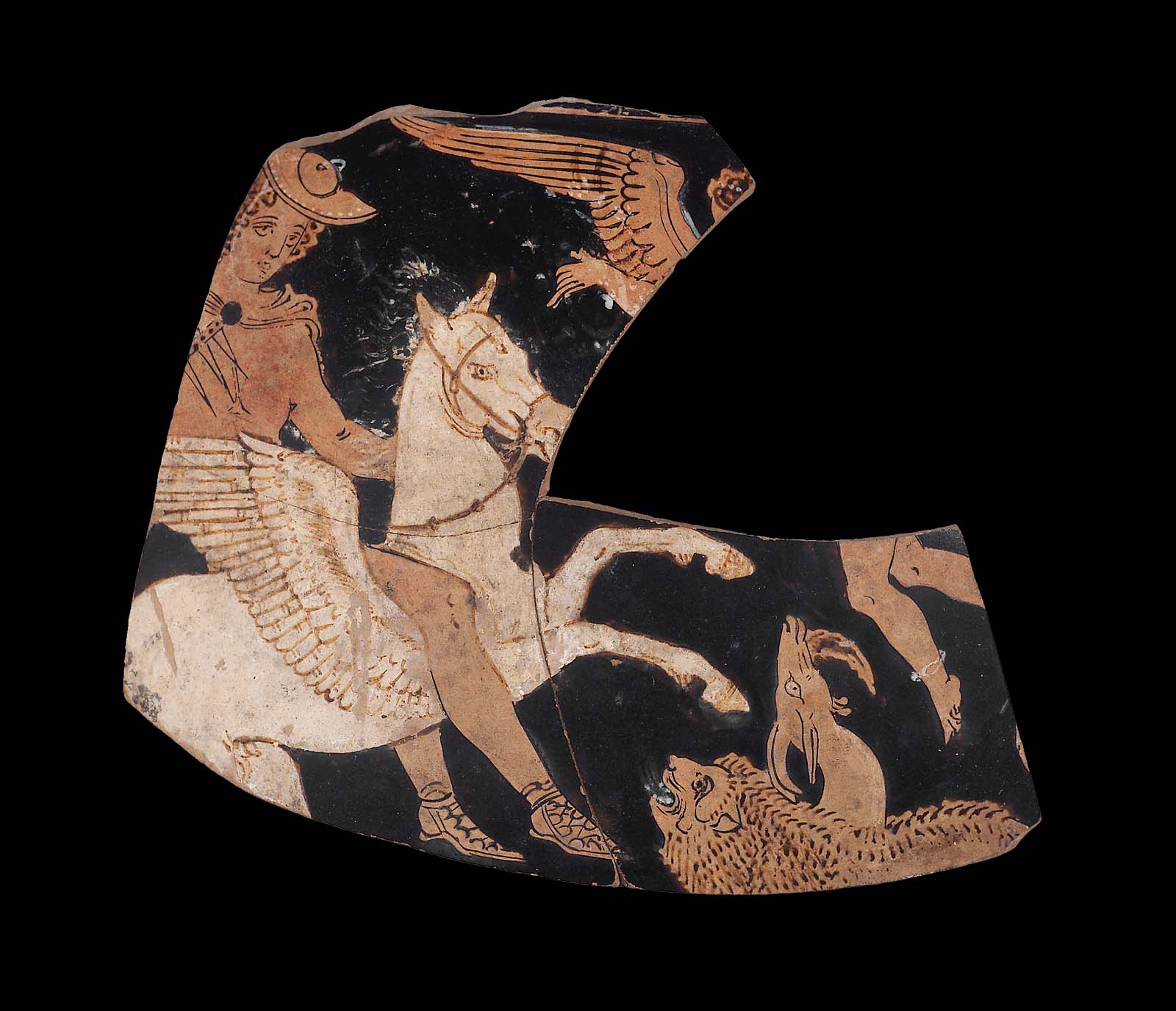 Fragment of an Oinochoe with Bellerophon mounted on Pegasus (white) attacking the Chimaera, cr. 350–340 BC, Italy, Apulia (Greek culture)
