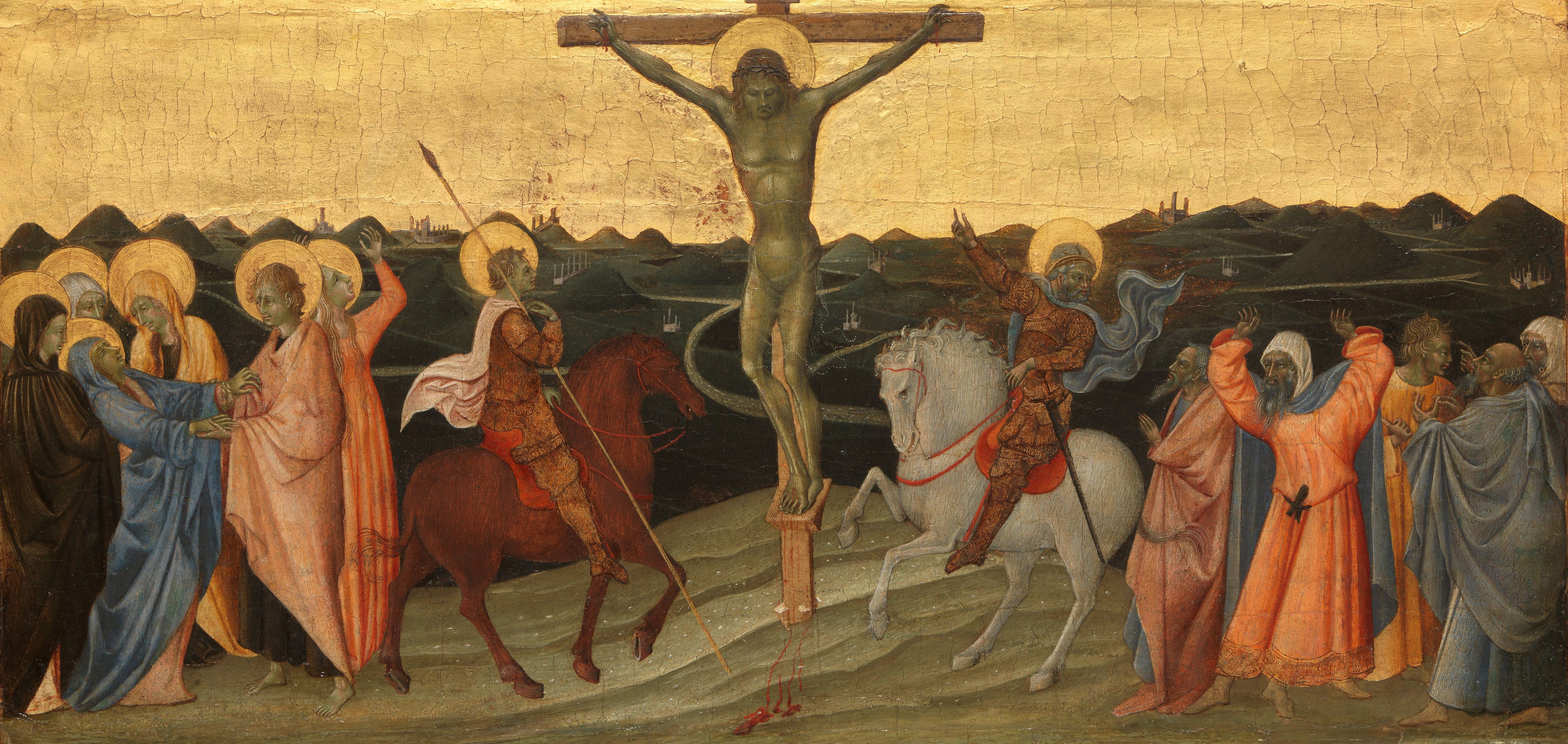 The Crucifixion with Mary, John, Mary Magdalene, St Longinus and the Converted Centurion, cr. 1447, Giovanni di Paolo di Grazia, Siena, Italy