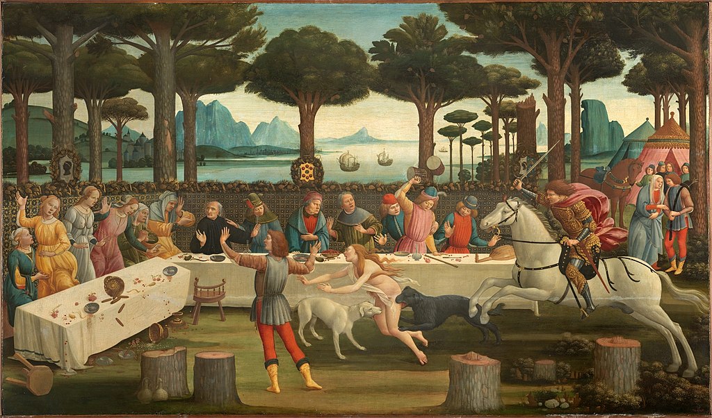 The Story of Nastagio Degli Onesti: The Banquet in the Pine Forest, 1482-3, Sandro Botticelli, Florence, Italy