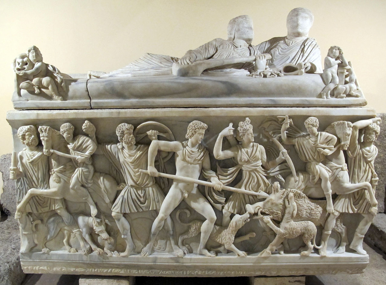 Sarcophagus with relief depicting the hunt for the Calydonian boar, 201-250 AD, Roman