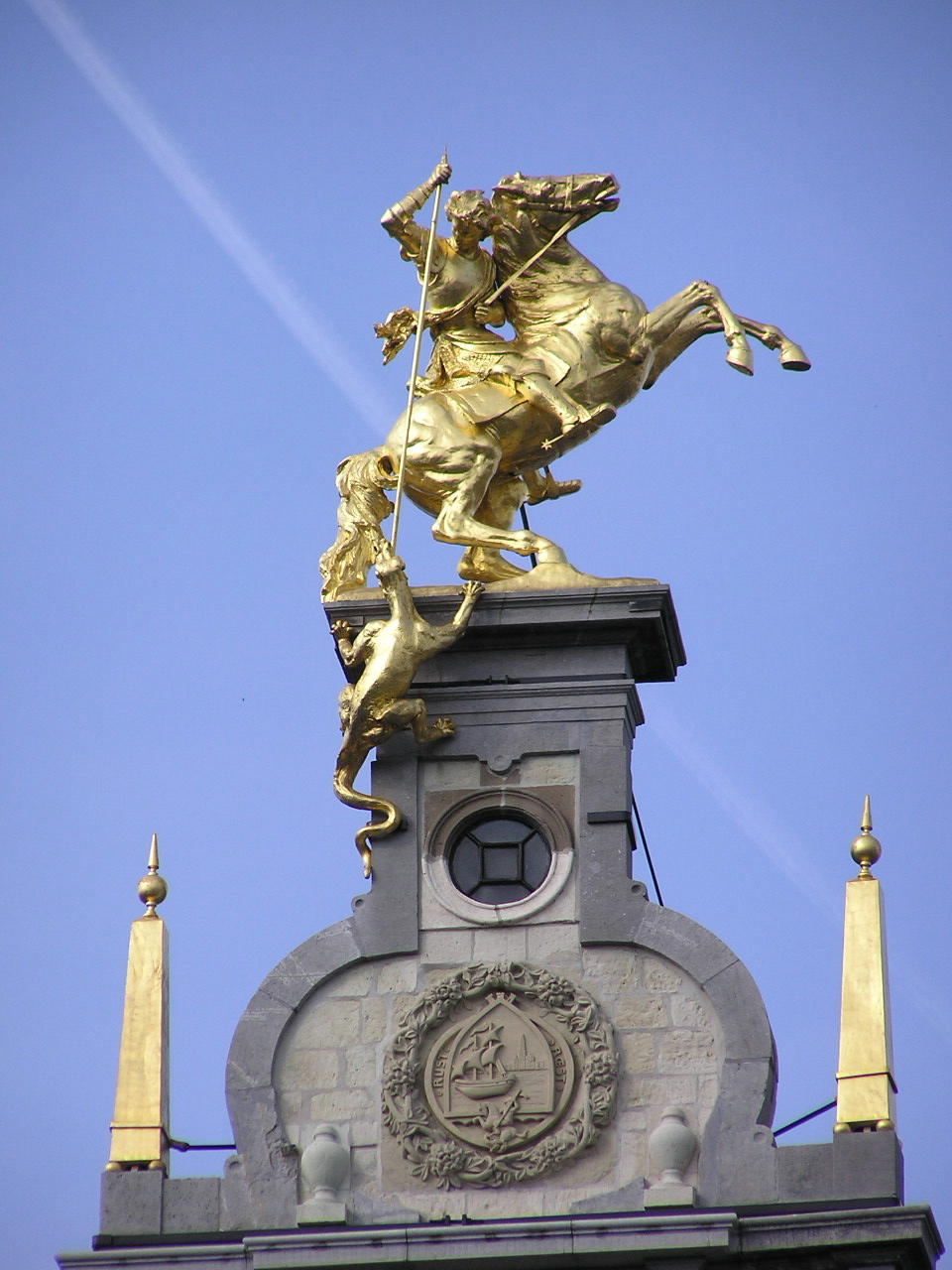 Statue of Saint George on top of Grote Markt 7 building, 1893, Jef Lambeaux, Antwerp, Belgium
