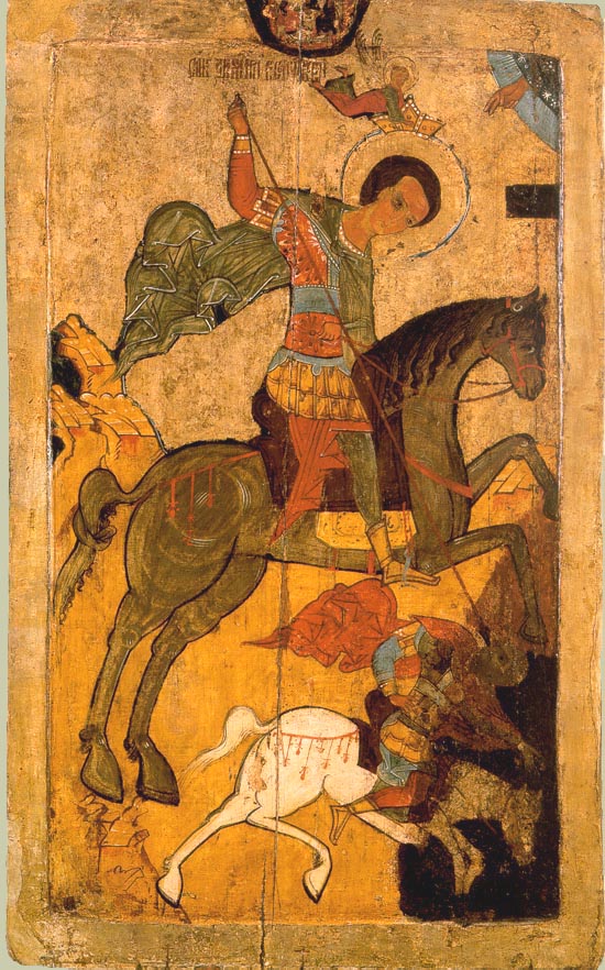 Saint Demetrius of Thessaloniki spearing king Kaloyan of Bulgaria, 1500-50, Russia