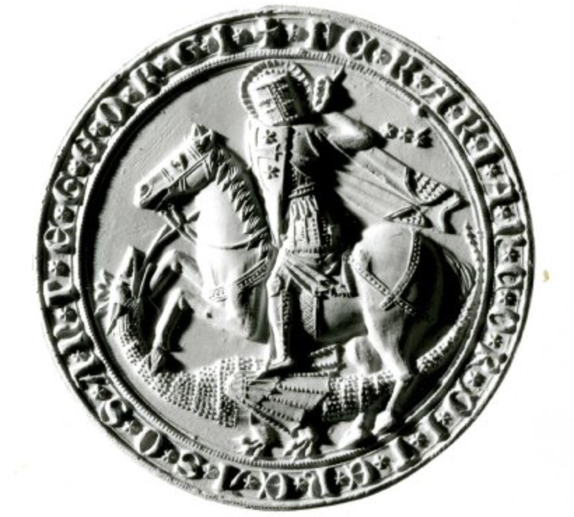 Circular bronze-gilt seal-matrix showing St George and the dragon, late 13th century, Italy