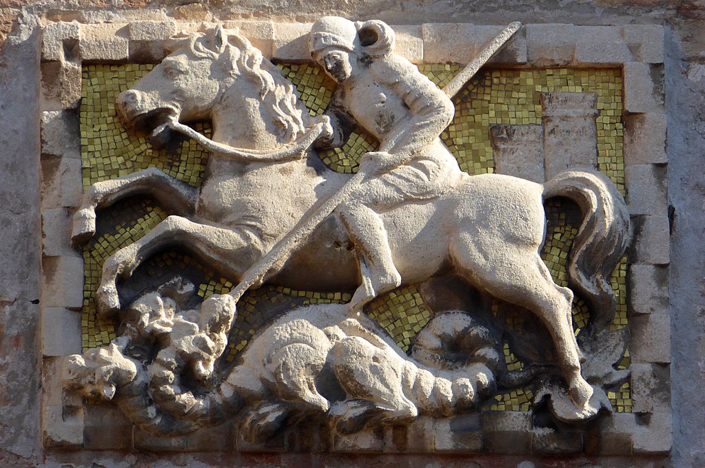 Relief showing Theodore of Amasea (or Saint George?) fighting the dragon, ?, Campiello dell'Anconeta, Cannaregio, Venice