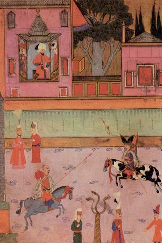 Parade of two riding Gazi (veterans from Rumelia) in front of Sultan Murat III, 16th century, Nakkaş Osman and/or other painters of the Nakkaşhane, Ottoman Empire