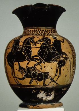 Oinochoe with the depiction of mounted warriors trampling a Scythian archer, cr. 510 BC, Attica