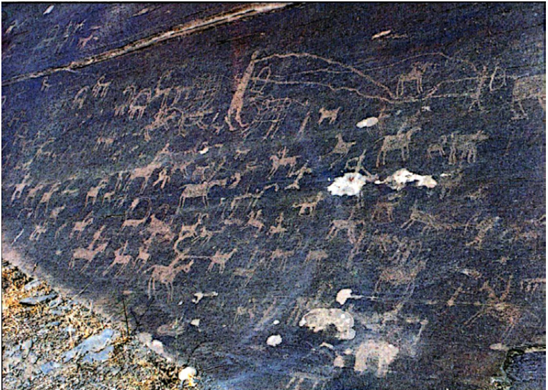 One of the most important presumed hunting scenes of rock art in Iran, 1, 000-0 BC or later, Timreh, Iran