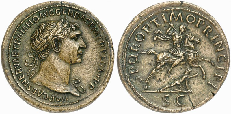 Sestertius showing Trajan on horseback on reverse, minted in 105 AD under Trajan, Roman Empire