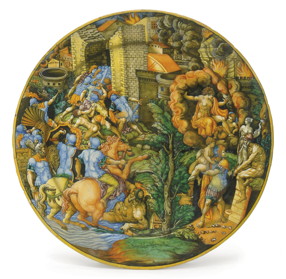 A maiolica plate showing ablazed Troy, cr. 1550-60, workshop of Virgiliotto Calamelli, Urbino or Faenza