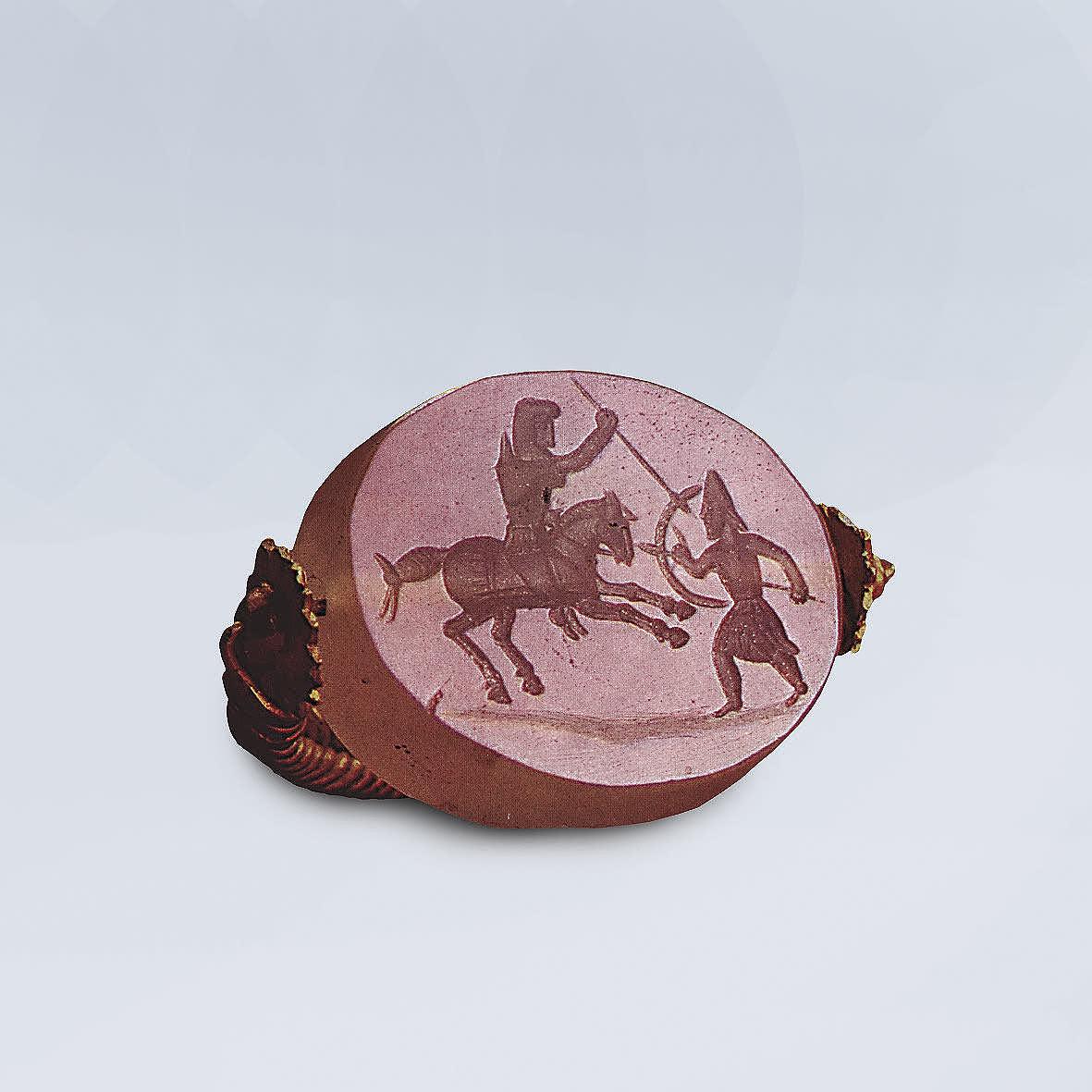 Chalcedony scarabaeoid seal: Persian Horseman Slaying a Hoplite with a Spear, First half of the 4th century BC, ?