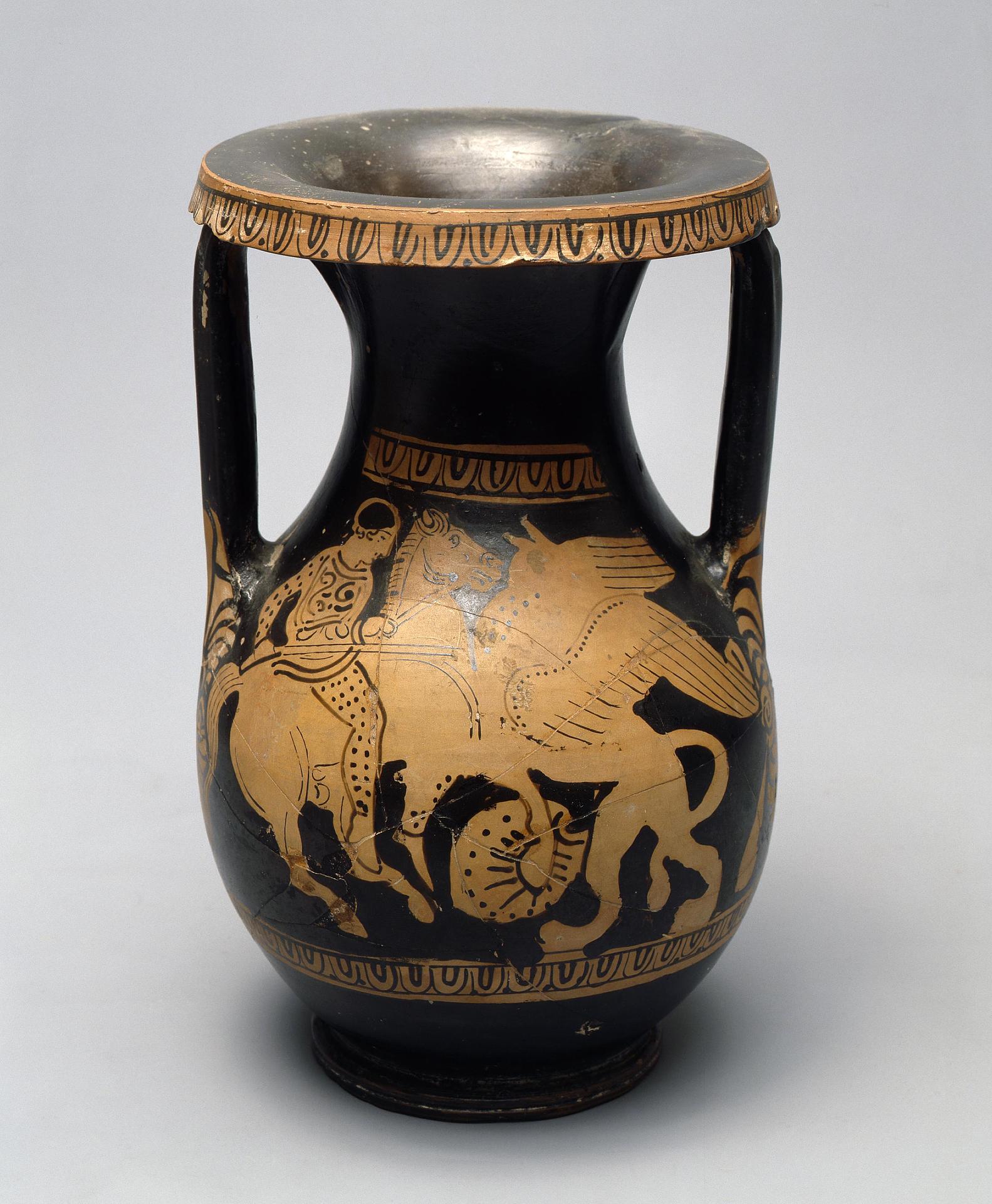 Red-figured Pelike: Arimasp Fighting a Gryphon and Two Mantled Youths, 360-350 BC, Attica