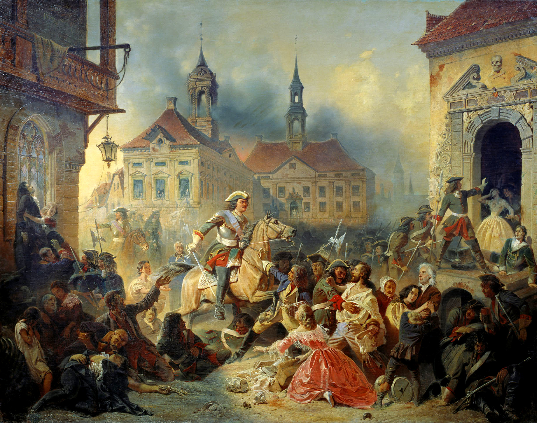 Peter I of Russia stops marauding soldiers after taking Narva in 1704, 1859, Nikolay Sauerweid