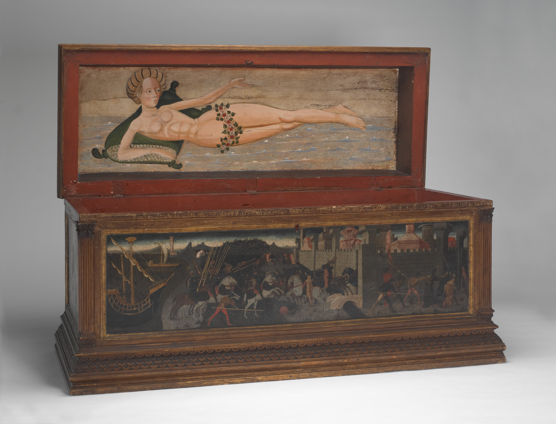 Cassone with painted front panel depicting the battle of Greeks and Amazons before the walls of Troy, cr. 1460, Paolo Uccello, Florence, Italy