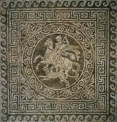 Bellerophon on Pegasus killing Chimaera, mosaic floor house, 432-348 BC, Olynthos, Chalkidiki, Greece