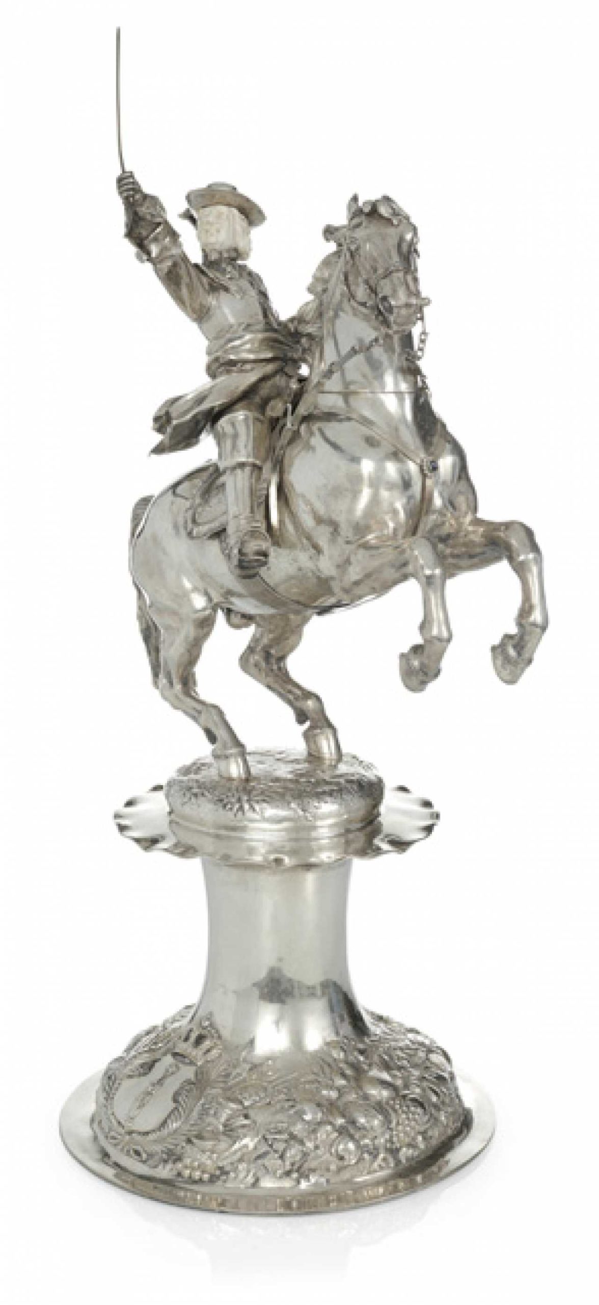 A drinking game with a figure of a horseman, cr. 1900, Neresheimer, Hanau, Germany