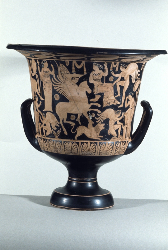 Red-figure calyx krater with Bellerophon killing the Chimaera, late 4th century BC, Etruscan/Late Faliscan