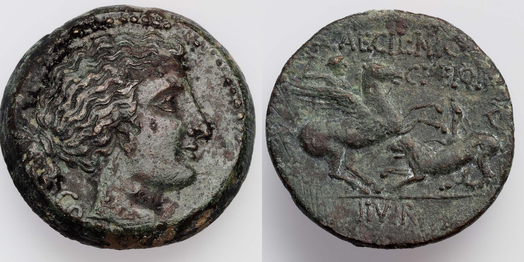 Coin with the head of Aphrodite, struck under Q. Caecilius Niger and C. Heius Pamphilus, 34–31 BC, Corinth, Roman culture