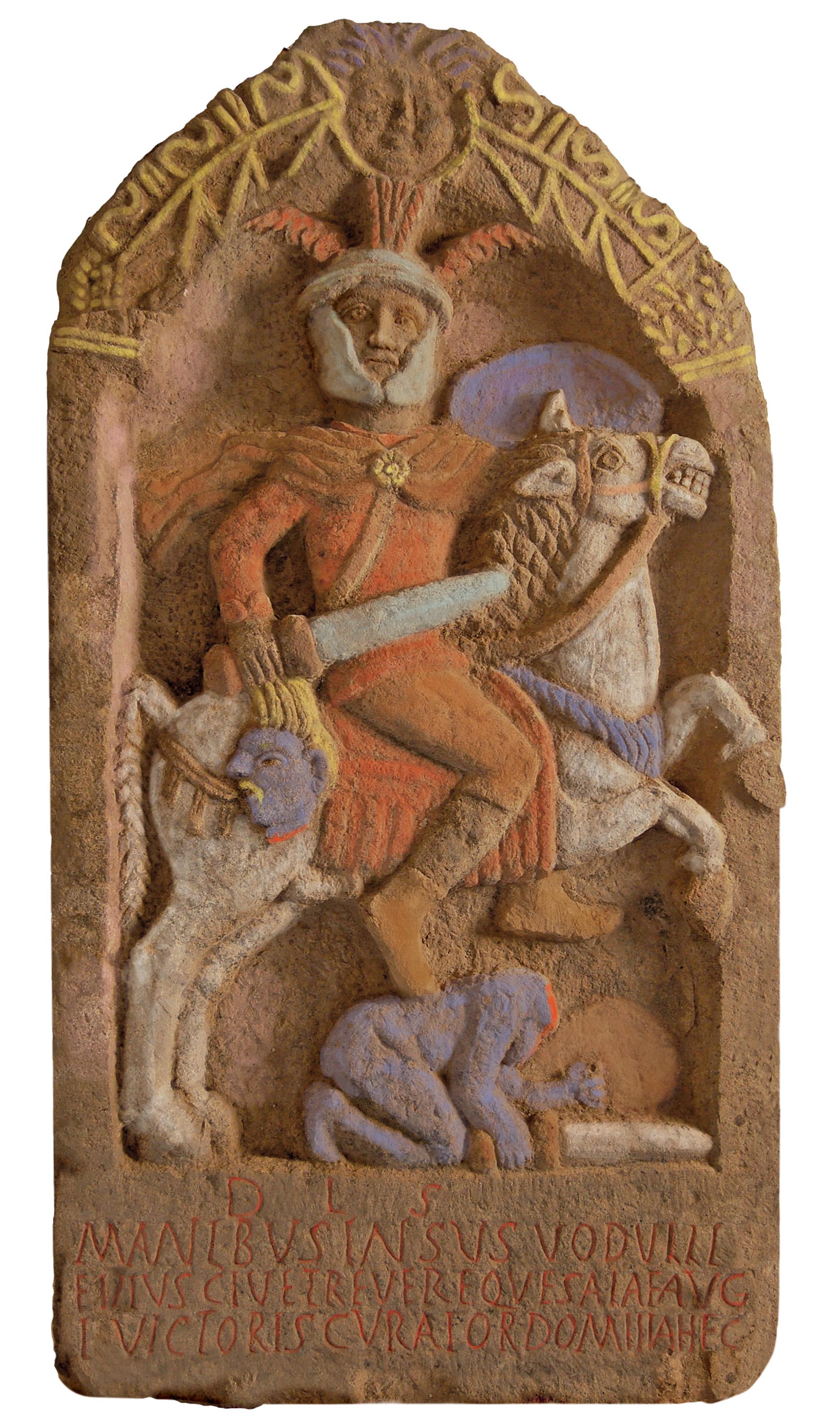 Roman gravestone showing a soldier Insus holding the severed head of a barbarian, coloured reconstruction (artist's impression), cr. 100 AD, discovered in Lancashire, UK