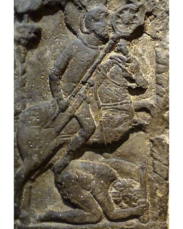 Roman tombstone of a standard-bearer Flavinus triumphing over an abject Briton, cr. 77-100 AD, discovered in Corbridge, UK