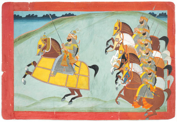 A Jodhpur nobleman on horseback with a group of lancers, circa 1810-20, Jodhpur, India