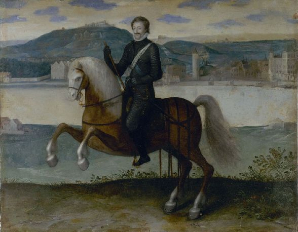 COMPARANDUM: Portrait of Henri IV on horseback with Paris on the background, 1553-1610, probably after 1594, ?