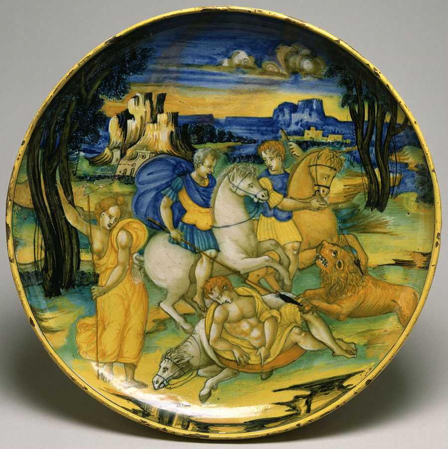 Dish depicting a Lion Hunt, cr. 1520-47, Baldassare Manara, Faenza