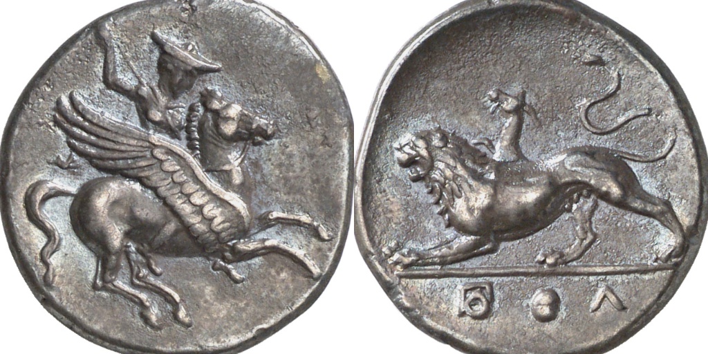 Trihemidrachme with Bellerophon on Pegasus, cr. 4 BC, Corinth, Roman culture