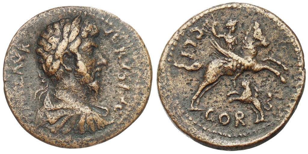 Bronze coin with Bellerophon on Pegasus, 161-169 AD, Corinth, Roman culture