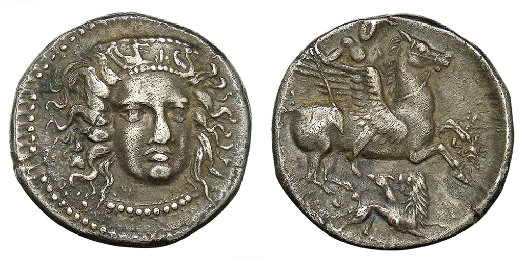 Didrachm with Bellerophon on Pegasus, cr. 395-390 BC, Fenserni, Campania, Italy