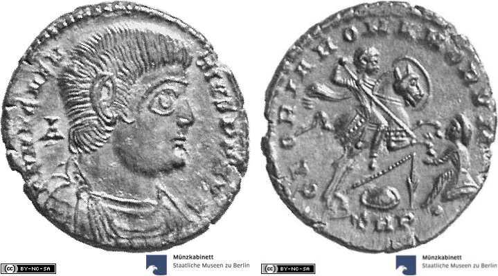 As showing the emperor on horseback on reverse, minted in 350-351 AD under Magnentius, Roman Empire