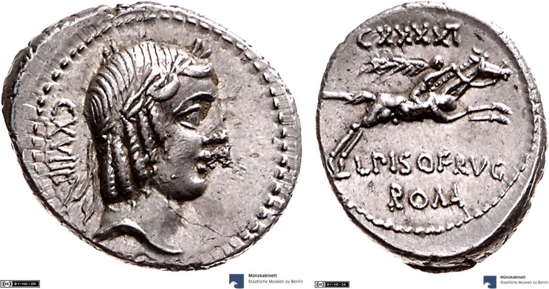 Denarius showing a horseman on horseback on reverse, minted in 90 BC, Roman Republic