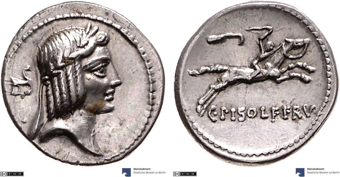 Denarius showing a horseman on horseback on reverse, minted in 67 BC, Roman Republic