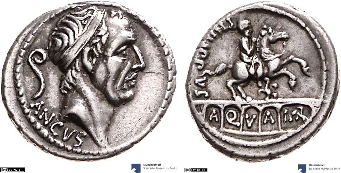 Denarius showing an equestrian statue on reverse, minted in 56 BC, Roman Republic