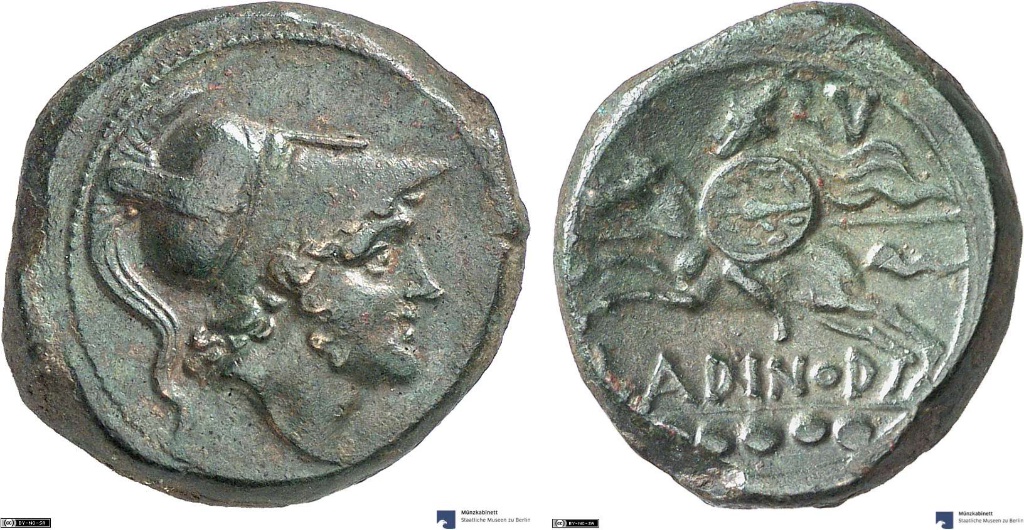 Quincunx showing a rider on horseback on reverse, minted in cr. 210-175, Samnium, part of Roman Republic