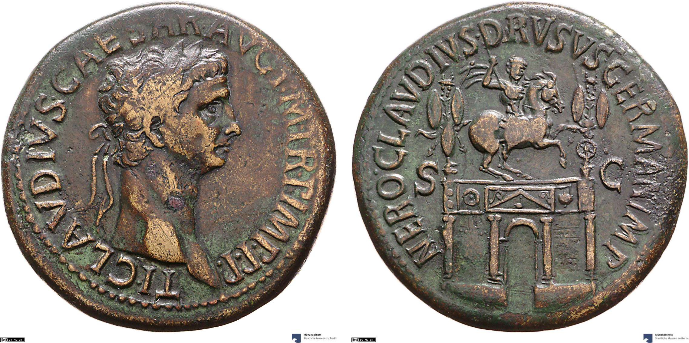 Sestertius showing an equestrian statue on reverse, minted in 42-43 AD under Claudius, Roman Empire