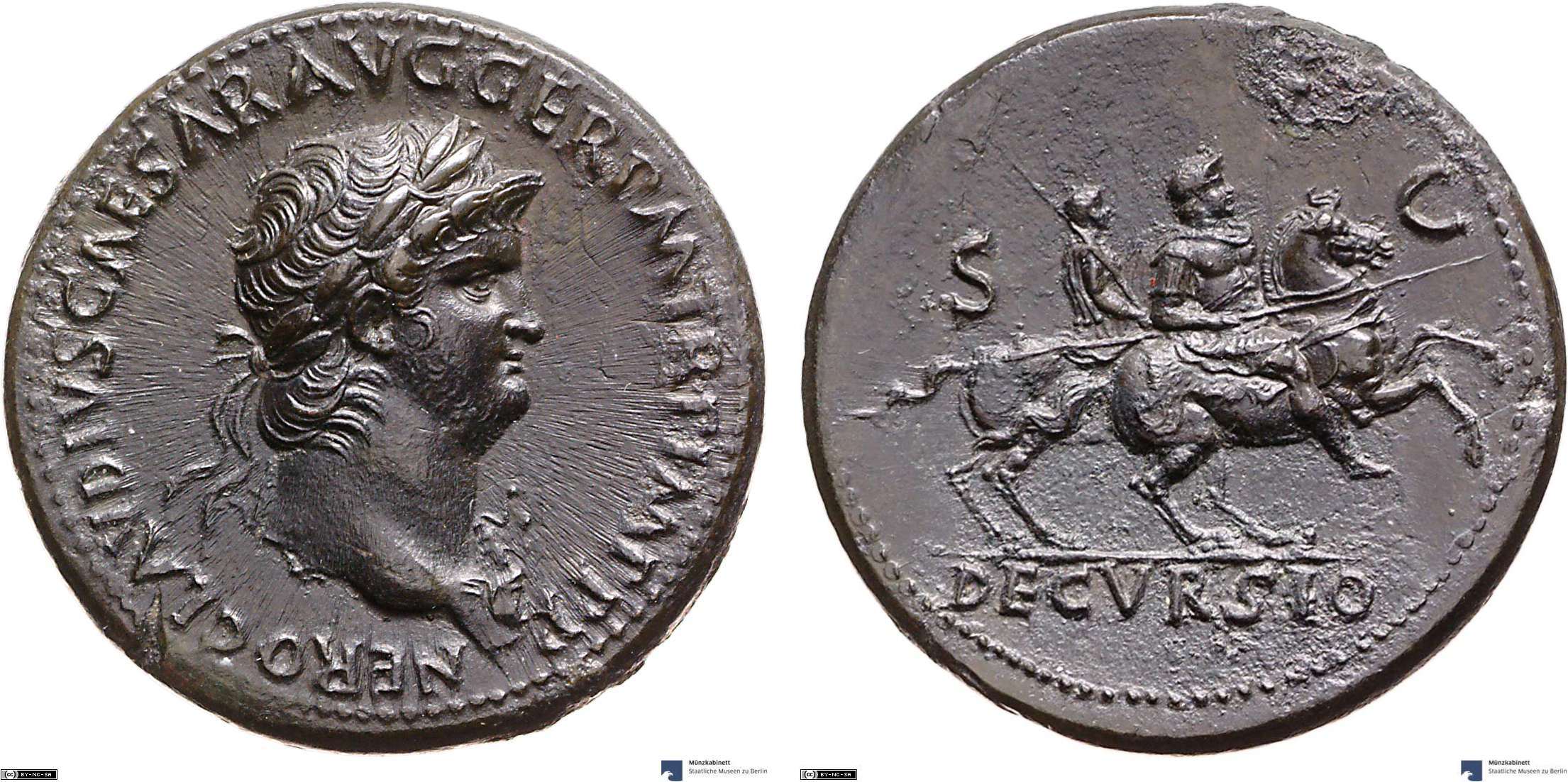 Sestertius showing Nero on horseback on reverse, minted in 64 AD under Nero, Roman Empire