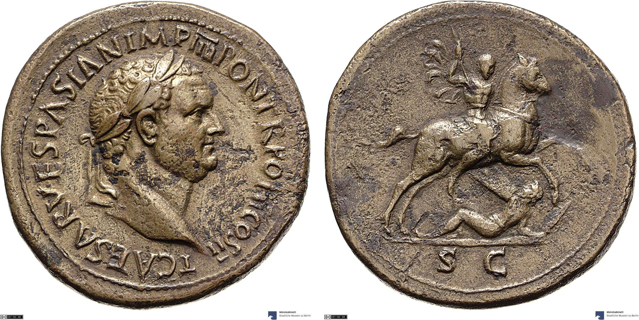 Sestertius showing Titus on horseback on reverse, minted in 72-73 AD under Titus, Roman Empire