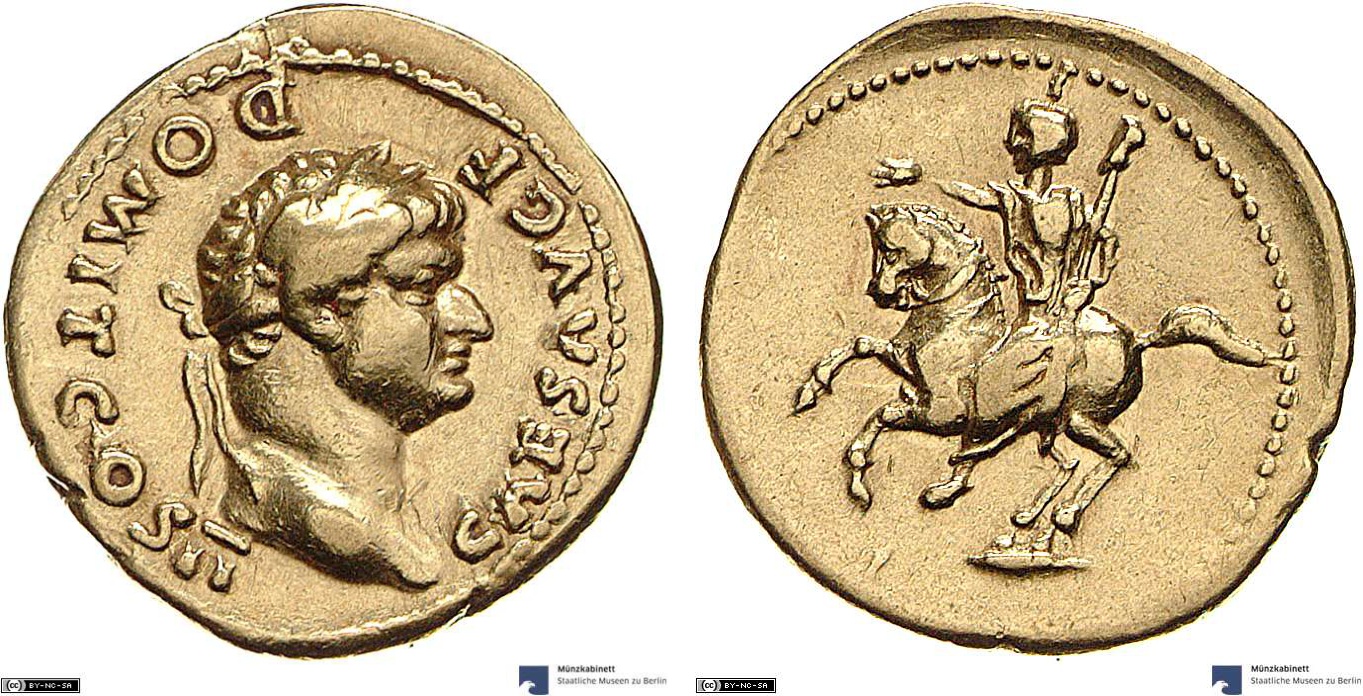 Aureus showing Domitian on horseback on reverse, minted in 73-75 AD under Vespasian, Roman Empire
