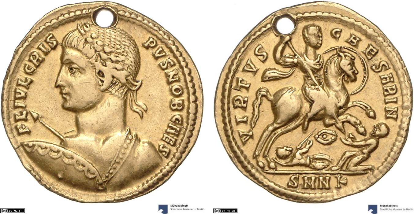 Solidus showing Crispus on horseback on reverse, minted in 324-325 AD under Constantine I, Roman Empire