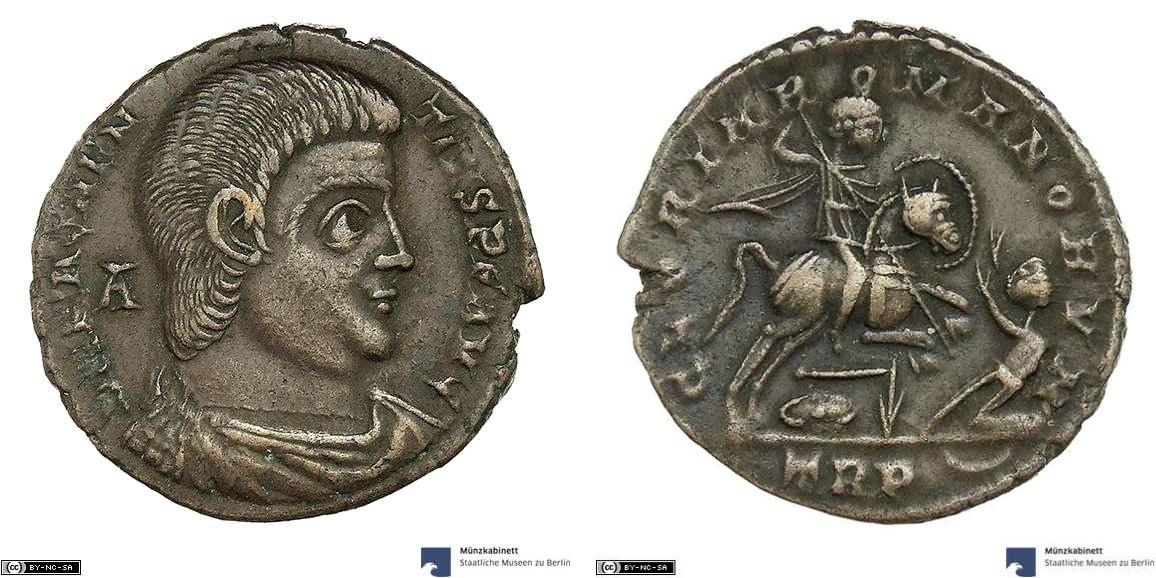 As showing Magnentius on horseback on reverse, minted in 350-351 under Magnentius, Roman Empire