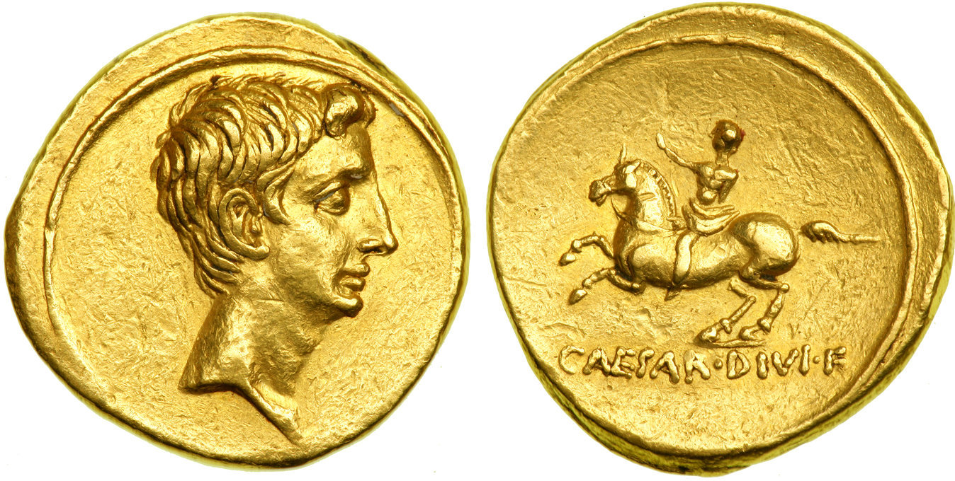 Aureus showing Augustus on horseback on reverse, minted in 32-29 BC under Augustus, the last type to be issued before the Battle of Actium, Roman Empire