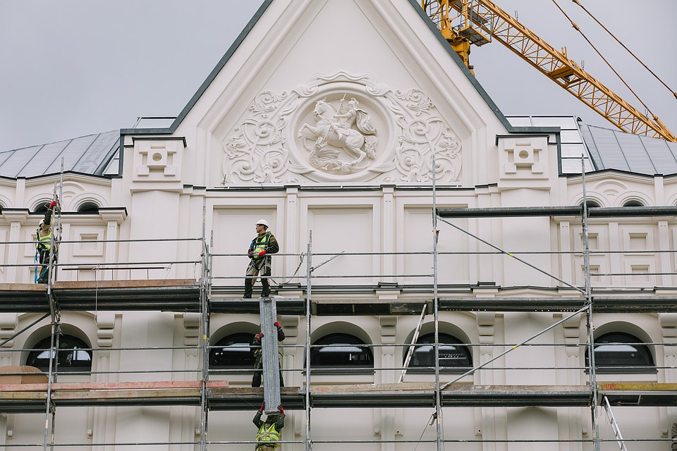 Saint George on the facade of Polytechnic Museum, created in 1872, restaured in 2019, Moscow, Russia