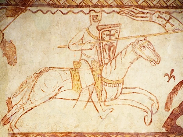 Knight of the Cross attacking Sarrazins at the battle of La Bocquée (1163), fresco, end of the 12th century, Templar chapel at Cressac, France