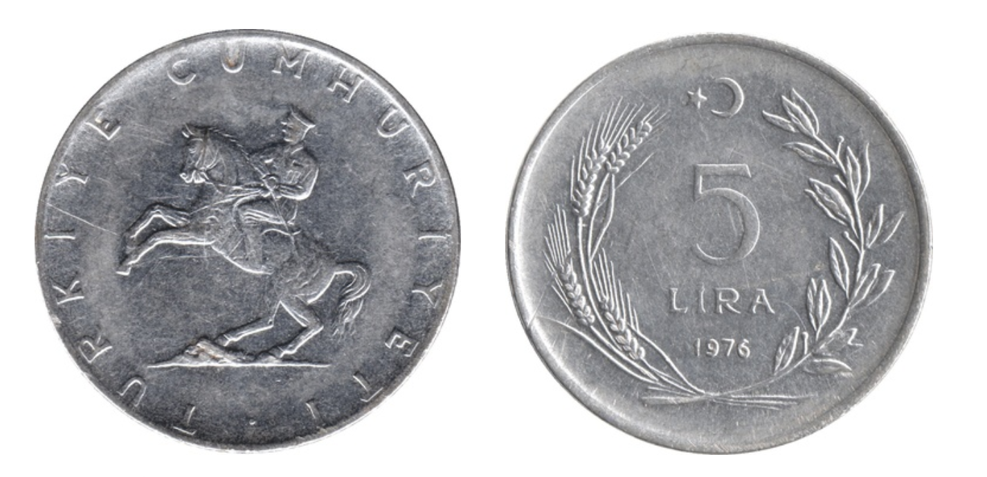 5 Lira large type showing Atatürk on horseback on obverse, minted in 1974-1979, Turkey